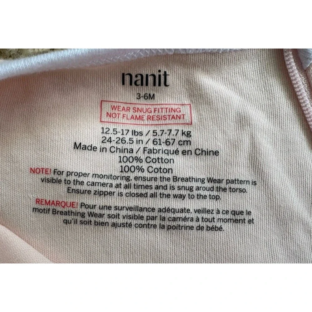 NANIT Breathing Wear Pajamas Pink 3-6 Months 100% Cotton Double Zipper NWOT